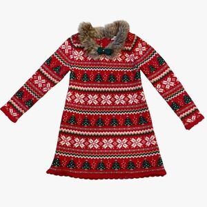 Tommy Bahama Fair Isle Christmas Sweater Dress Faux Fur Collar Holiday Size 3T